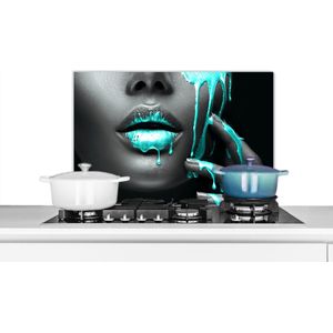 Spatscherm keuken 70x50 cm - Kookplaat achterwand Lippen - Blauw - Zwart - Muurbeschermer - Spatwand fornuis - Hoogwaardig aluminium