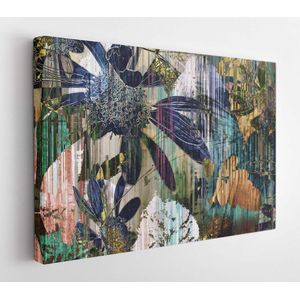 Art graphic and watercolor autumn colorful background with sketching leaves and flowers in blue, old gold, green and black colors - Modern Art Canvas - Horizontal - 1159310944 - 115*75 Horizontal