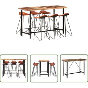 The Living Store 7-delige Barset massief gerecycled hout en echt leer - Bartafel - Houten Bartafel - Industriele Meubels - Vintage Meubels - Geitenleer