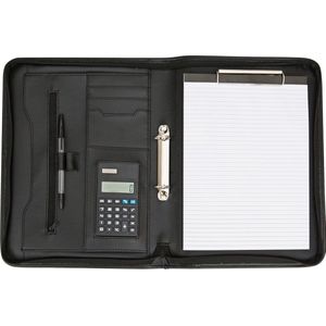Tassia Schrijfmap - A4 Luxe Conferentiemap - Ritssluiting  - Inclusief Rekenmachine, Ringband, Schrijfblok en Pen - Zwart (3107)