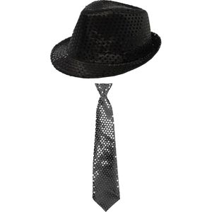 Toppers - Carnaval verkleed set - hoedje en stropdas - zwart - volwassenen - glitters