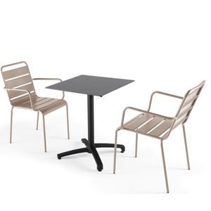 Oviala - Leigrijze laminaat tuintafel en 2 taupe fauteuils