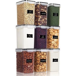 2 L opslagcontainers set, graanopslagcontainers & voedselopslagcontainers, BPA-vrije plastic opslagcontainers, luchtdichte, droge voedselcontainers, set van 9, 24 etiketten voor granen, meel, suiker, enz. (zwart)