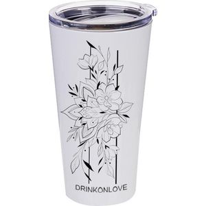 DRINKONLOVE - LILY AND ROSE - Drinkbeker met rietje - RVS - mat wit/bloemen - 480ml
