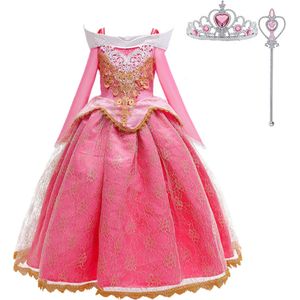 Joya Beauty® Doornroosje verkleedjurk | Roze Prinsessenjurk | verkleedkleding Meisje | Maat 116-122 (120) roze goud + kroontje & Staf | Cadeau meisje
