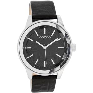 OOZOO Timepieces - Zilverkleurige horloge met zwarte leren band - C7534