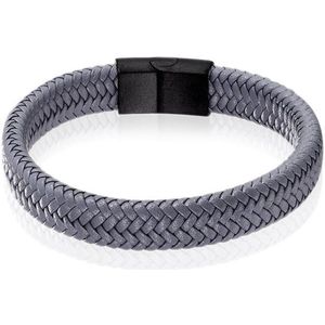 Gevlochten Leren Armband Heren Edelstaal Sluiting Grijs Zwart-20.5cm