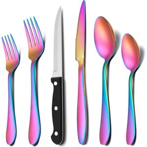 36-delige Regenboog Bestekset voor 6 Personen met Steakmessen en Glanzend Roestvrij Staal