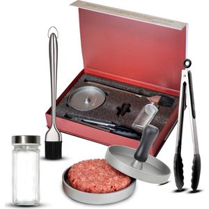 Rednas Hamburgerpers in giftbox - Moederdag Cadeautje - BBQ Accessoires - Hamburger Maker - 4-delig - Bakkwast/Vleestang/Kruidenpotje - RVS/Aluminium