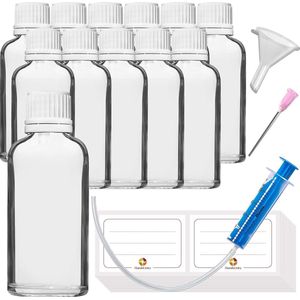 12st Druppelaar Inzet Flesje - Kleine Heldere Glazen Fles Apothekersglas set met Witte Druppelaar Inzet Dop gemaakt van Transparant Glas set inclusief 30 hulp Accessoires