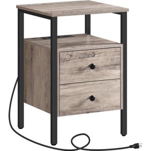 EliteNest® - Bijzettafel Met Laadstation - 2 Laden & USB/Stopcontacten - 40x40x61 cm - Ruimtebesparend - Greige - Slaapkamer/Woonkamer