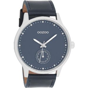 OOZOO Timepieces - Zilverkleurige horloge met donker blauwe leren band - C9008