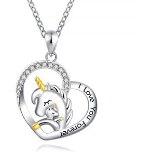 Eenhoorn ketting - Unicorn ketting - Ketting meisje - Zilver kleurig staal met goud tinten - Ketting kinderen meisjes - Meisje zilver met hanger - I love you forever