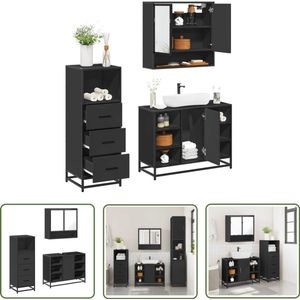 The Living Store 3-delige Badkamermeubelset bewerkt hout zwart - Badkamermeubilair - Badkamerinrichting - Badkameraccessoires - Spiegelkast - Wastafelkast