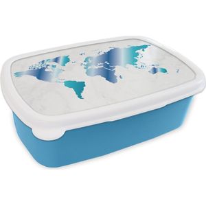 Broodtrommel Blauw - Lunchbox - Brooddoos - Wereldkaart - Blauw - Marmer - 18x12x6 cm - Kinderen - Jongen