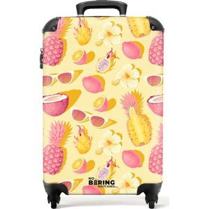 NoBoringSuitcases.com® - Handbagage koffer lichtgewicht - Reiskoffer trolley - Roze en geel patroon van bloemen en tropisch fruit - Rolkoffer met wieltjes - Past binnen 55x40x20 en 55x35x25