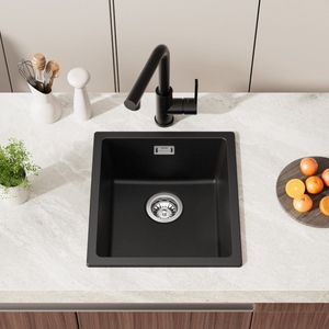 Auralum max Spoelbak Keuken 40x44CM - Enkele Spoelbakken Graniet - Onderbouw Spoelbak Zwart - Met waterafvoersysteem - Voor 40 cm kast