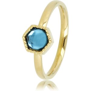 My Bendel - Gouden ring met blauwe glassteen - Unieke gouden ring gevormd in een zeshoek met blauwe glassteen - Met luxe cadeauverpakking