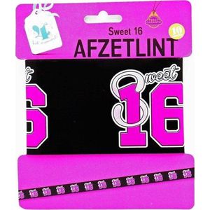 Sweet Sixteen Afzetlint - Verjaardag - Zwart / Roze - Kunststof - 10 Meter - 16 Jaar