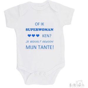 100% katoenen Romper ""Of ik Superwoman ken Je bedoelt gewoon mijn tante"" Jongens Katoen Wit/blauw Maat 62/68