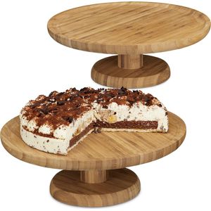 relaxdays 2 x taartplateau bamboe, taartstandaard hout rond houten serveerbord taart