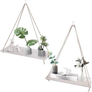 Houten Zwevende Wandplank Muur Opknoping Rek Plant Bloempot Planken - Moderne Decoratie met Haken - Driehoekig Touw - Log Kleur