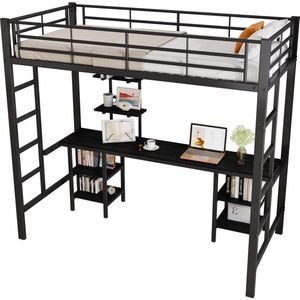 Merax stapelbed met tafel en planken - Stalen frame 90 x 200 cm - Geschikt voor kinderen en tieners - Zwart
