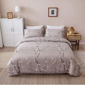 JGS ® Beddengoedset met Bloemenprint in Grijstinten voor Tweepersoonsbed