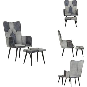 vidaXL Fauteuil Met Voetenbank - Fauteuils Met Voetenbanken - Zetel Met Voetenbankje - Zetel - Fauteuil met voetensteun echt leer en canvas grijs
