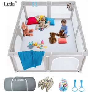 Lucellia® Grondbox Baby - Speelbox met Dubbelzijdige Speelmat - 50 Ballen & 2 Optrek Ringen- Kruipbox - Kinderbox - Babypark - Playpen Baby - 127x127x66 CM - Met Draagtas - Kleur Lichtgrijs