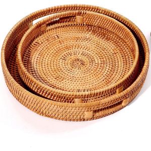 Handgevlochten decoratief rotan dienblad - voor ontbijt, dranken, snacks en kaarsen - set van 2 - 25 cm en 30 cm