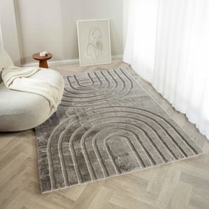 Flycarpets Zacht hoogpolig vloerkleed - Bohemian Arches Taupe Japandi - Woonkamer tapijt - 160x230 cm