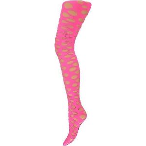 Dames party pantys roze met gaten - Verkleedpanty netpanty neon roze L/XL