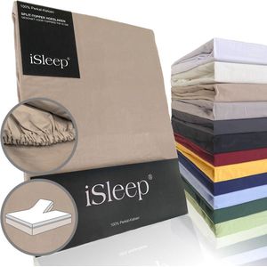 iSleep Perkal Split-Topper Hoeslaken - 100% Perkal Katoen - Rondom Elastiek - Litsjumeaux - 180x220 cm - Medium Beige