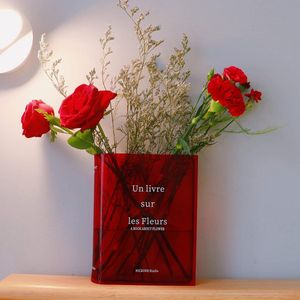Boekenvaas, tafeldecoratie, bloemenvaas, tulpenvaas, kleine vazen ​​voor tafeldecoratie, heldere boekenvaas, bloemenvaas van helder acryl voor bloemen of kunstbloemen (rood acryl)