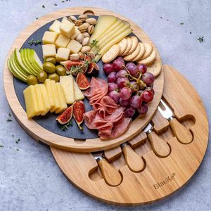 Your paradise - Bamboe kaasplank met kaasmessenset en leiplaat – serveerschaal van hout voor kaas en eetlustreep – 30 cm houten kaasplank draaibaar – ronde serveerplank van hout – Cheese Board Charcuterie Board