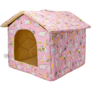 Nobleza Kattenhuis - Hondenhuis - Katten overdekt mandje - Hondenmand met dak - Katoen - Roze met ijsberen - Maat L