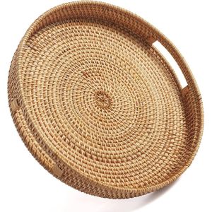 Rond rotan dienblad met handvat, geweven decoratief dienblad voor salontafel, poef natuurlijk (klein 30 cm x 6 cm)