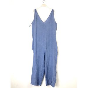 Jumpsuit in 100% linnen - v-hals en zijzakken - kleur BLAUW - lange pijpen tuinbroek - maat S/M