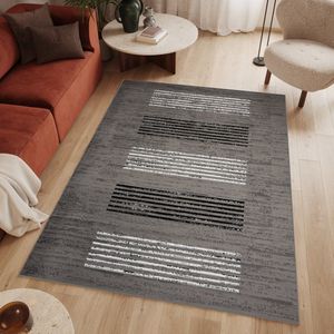 Tapiso Luxury Vloerkleed Grijs Laagpolig Woonkamer Lijnen Slaapkamer Tapijt Maat- 200x300