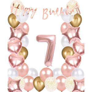 Snoes Ballonnen 7 Jaar Rose Gold White Dots - Compleet Feestpakket met cijfer ballon 7 Jaar - Verjaardag Versiering Slinger Happy Birthday – Folieballon – Latex Ballonnen - Helium Ballonnen - Rose Feestpakket