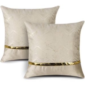 Set van 2 kussenslopen voor bed-, bank- en autodecoratie. Luxe moderne minimalistische gouden lederen stiksels met golvende strepen. Vierkante kussensloop, slopen voor decoratiekussens 45 x 45 cm (beige)