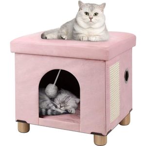 Opvouwbare kattenmand, grote katten, kattenhuis hol voor katten met krabplank en speelbal, zitkist, zitkruk, voetenbank met houten poten, 37,5 x 32,5 x 36 cm, roze