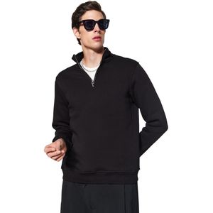 Trendyol Zwarte Regular/Normal Cut Stand Collar Rits Katoen Basic Polar Fleece Sweatshirt Tmnaw24Sw00041