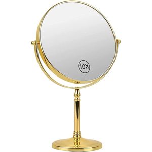 Make-upspiegel, 20 cm, 10 x en 1 x vergroting, tafelspiegel, dubbelzijdige vergrotingsspiegel voor badkamer, make-upspiegel, 360 graden draaibaar, staande spiegel (goud)