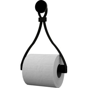 Leren toiletrolhouder 'Triangle' - met Zuignap én schroef - Handles and more® | ZWART - roldrager: Zwart rondhout - knop: Zwart
