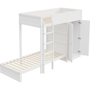 Merax Stapelbed 90x200 cm – Kinderbed met Kast en Verticale Trap – Wit – Massief Hout