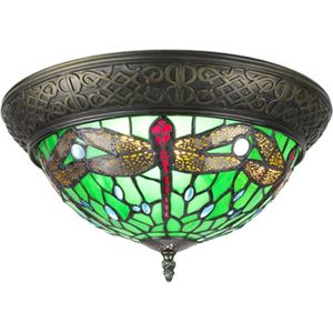 Plafondlamp Tiffany Ø 38 cm Groen Bruin Kunststof Glas Rond Plafonniere Glas in Lood