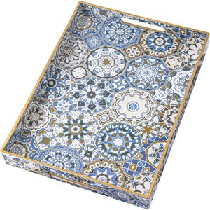 Serveerdienblad met handgrepen, Ottomaanse dienblad voor woonkamer, moderne rechthoekige kunststof, grote salontafel, blauw, boho, decoratief dienblad