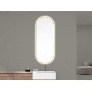 Nomi spiegel met lijst ovaal met LED, dimbaar en spiegelverwarming 50 x 100 cm geborsteld messing